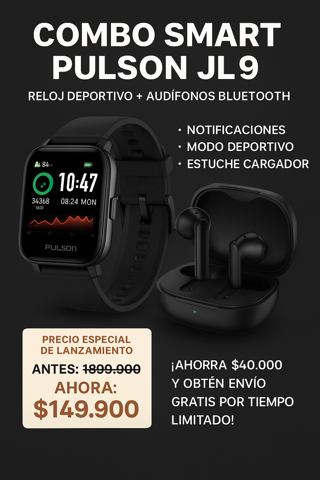 Combo Smart Pulson JL9 – Reloj Deportivo + Audífonos Bluetooth